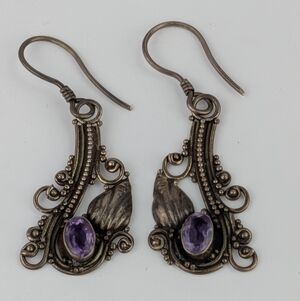Vintage 925 Sterling Silver Dangle Amethyst Fishhook Earrings